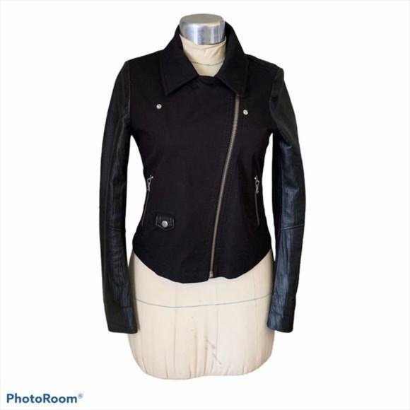 Mackage Moto Biker Jacket Debra Cotton Canvas Leather Black SP - Picture 1 of 3